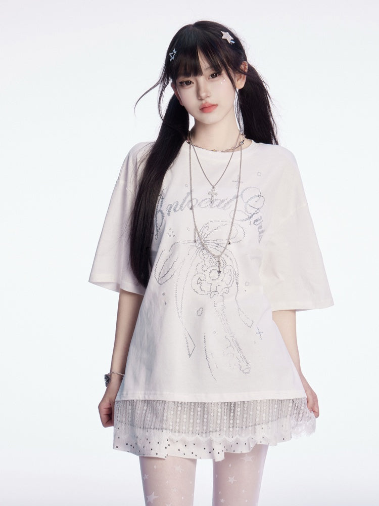 T-shirt Key Rhinestones Bowknot and Lace Trim White Round Neck