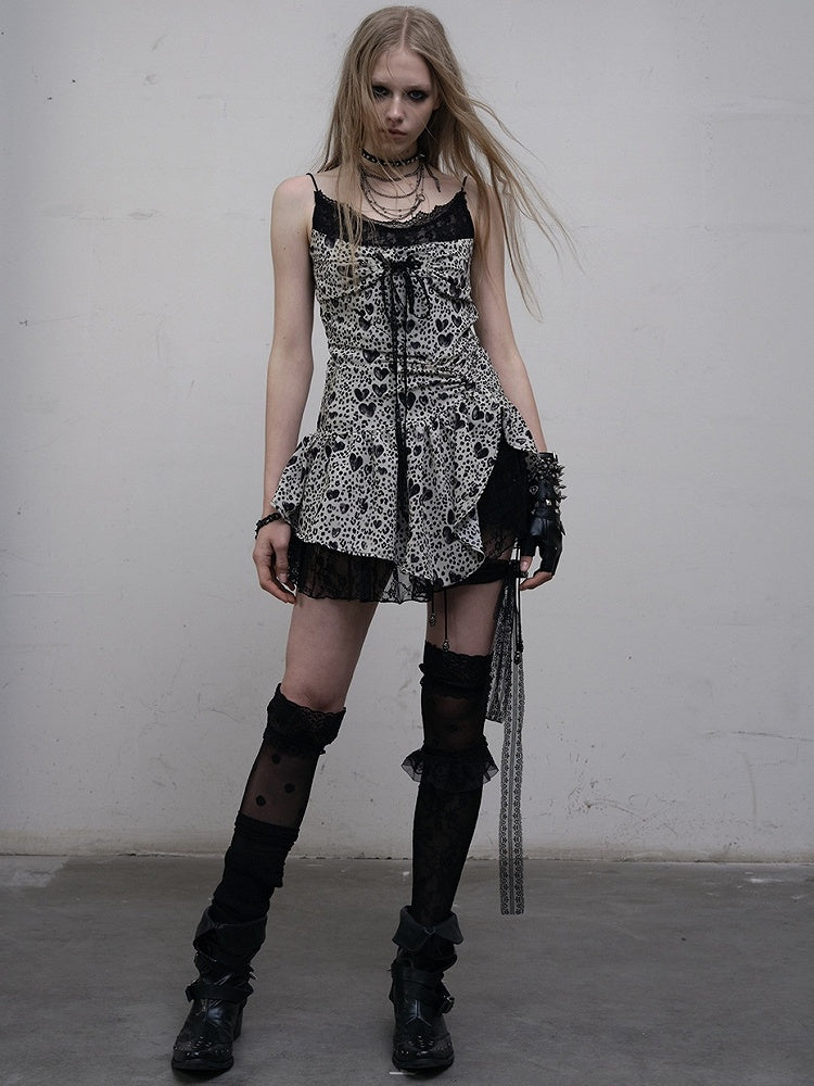 Self-tie Trim BlackWhite Asymmetrical Hem Strap Lace Cami Dress Print Glamorous Heart