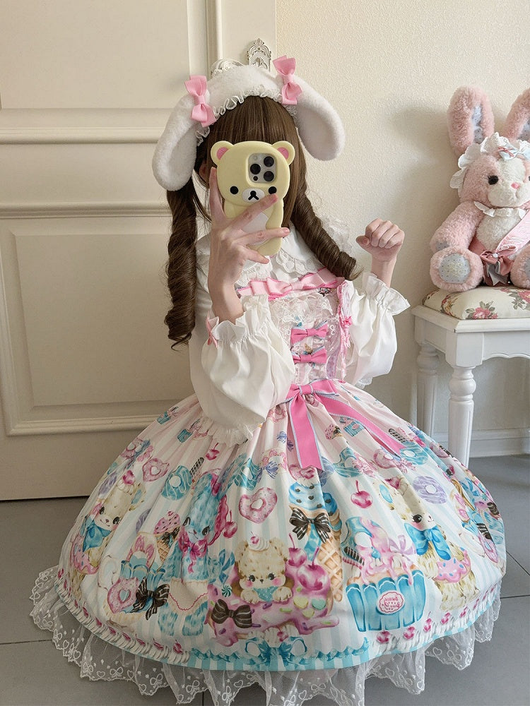 Ice Cream Print White Skirt and Teddy Sweet Lolita Jumper