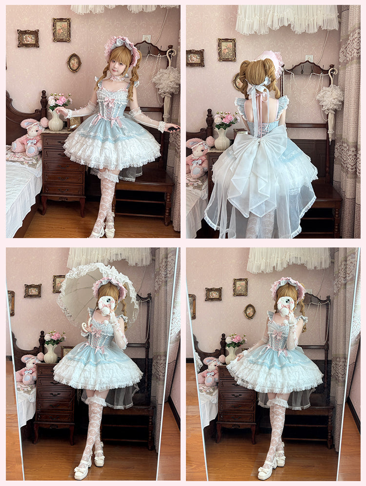 Leichter Stufenrock Blau Balletcore Sweet Lolita Pullover Flatterärmel Dreilagig