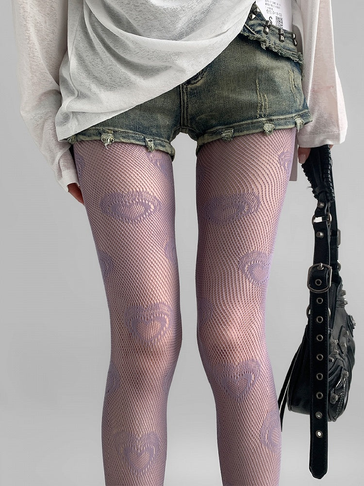 Print Hollow-out Design Heart Purple/Beige/Red Tights