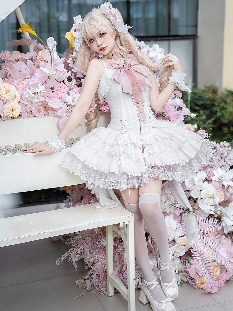 Straps Spaghetti JSK Lolita Pink Balletcore White Corset + Dress