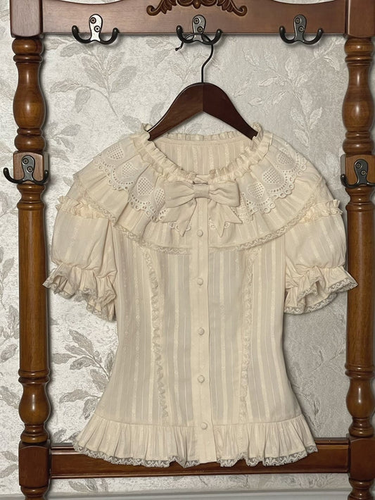 Beige Ruffle Neckline Short Puff Sleeves Blouse