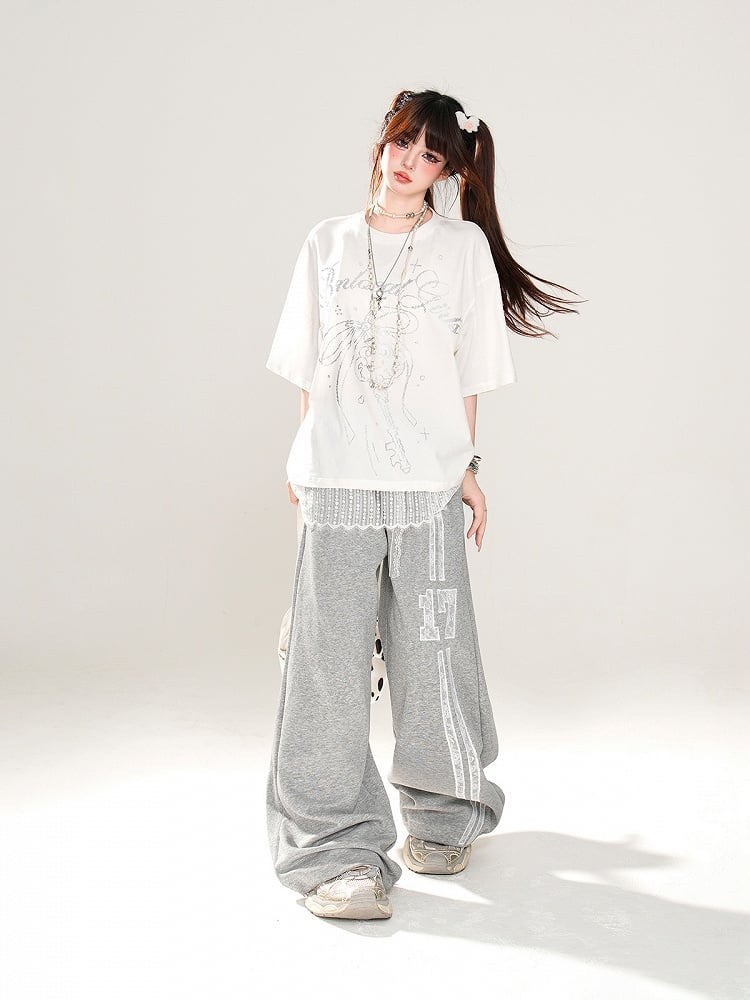 T-Shirt Loose Blue/White Key and Bowknot Print Lace Trim