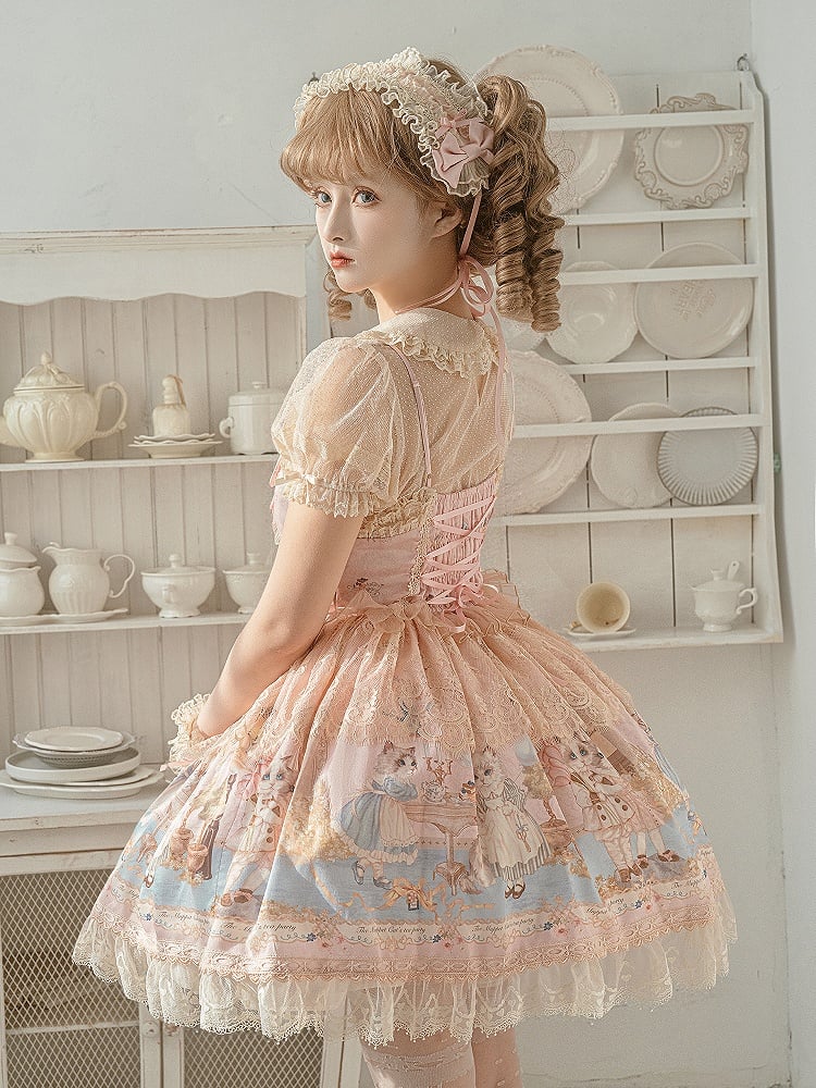 Party Tee Lolita Kitty Mieder Druck Jumper Korsett Kleid Rosa Rock Süße