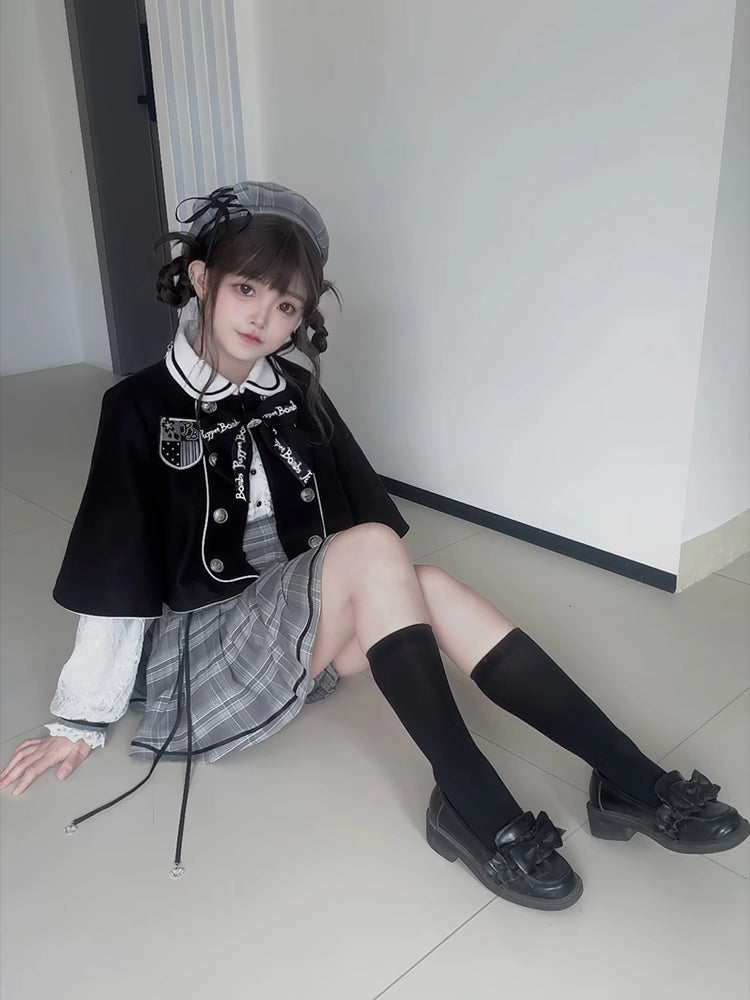 Jirai Kei Graues Set, Peter-Pan-Kragen, hoher Taille, Kellerfaltenrock, kariertes Kleid + Shorts mit Rüschenbesatz und Bündchen