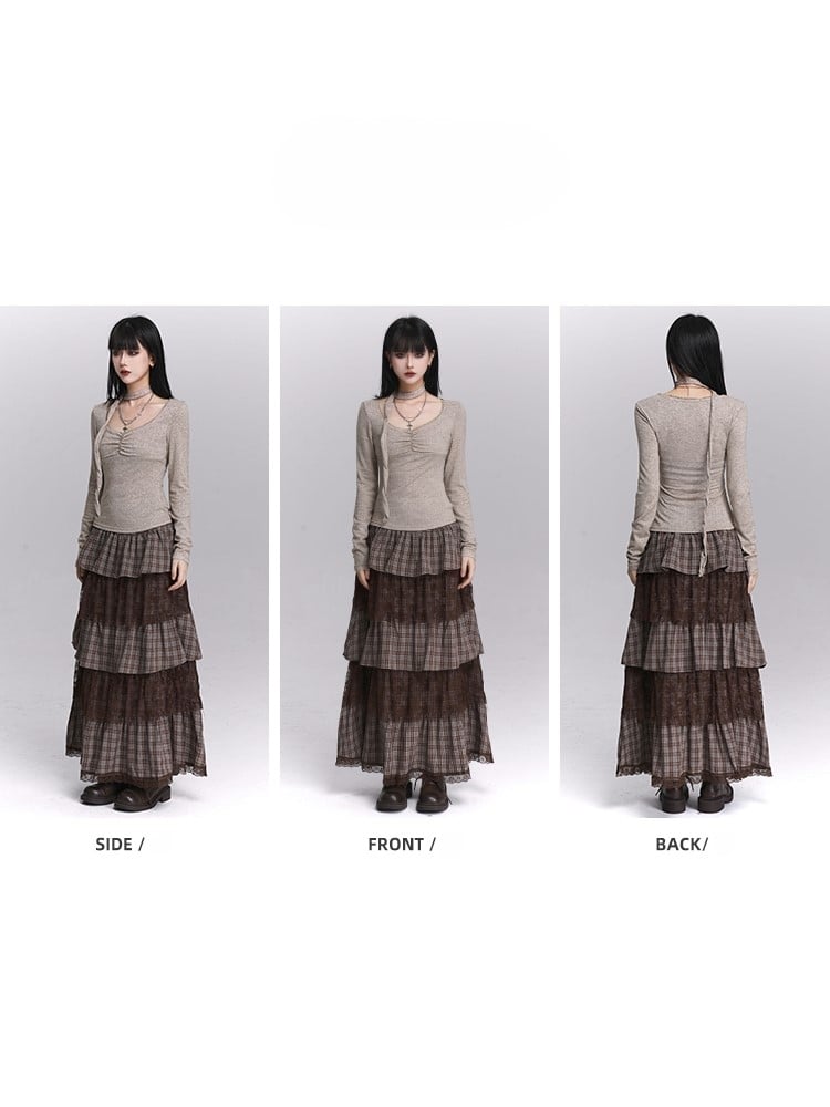 Oatmeal Top U-Neck Button Ruches with Matching Neck Strap Gray