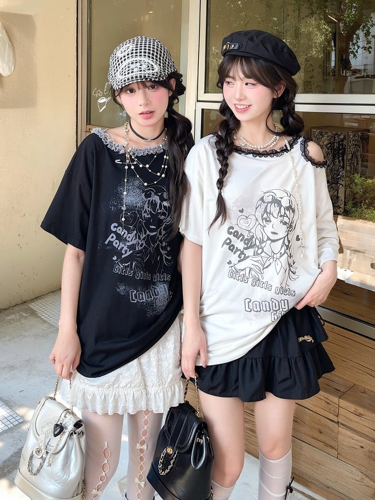 Y2K Black/White Ruffled Lace Trim Neckline T-Shirt Shoulder Cutout Girl Print Cotton