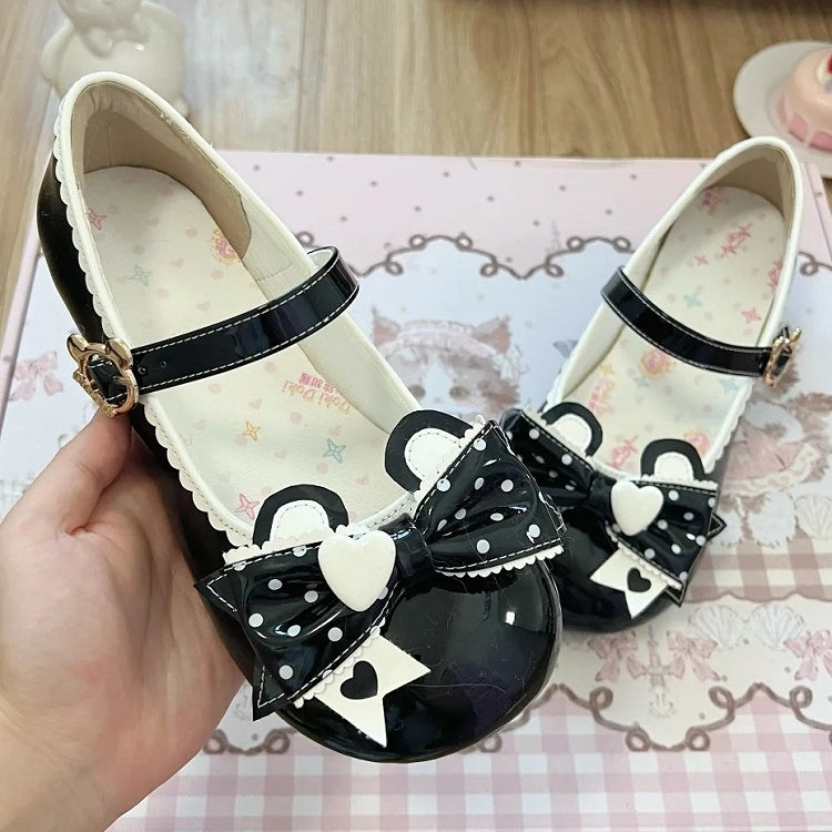 Low Fastener Ear Dot Black PU Bear Leather Heels Print Bow - Lolita