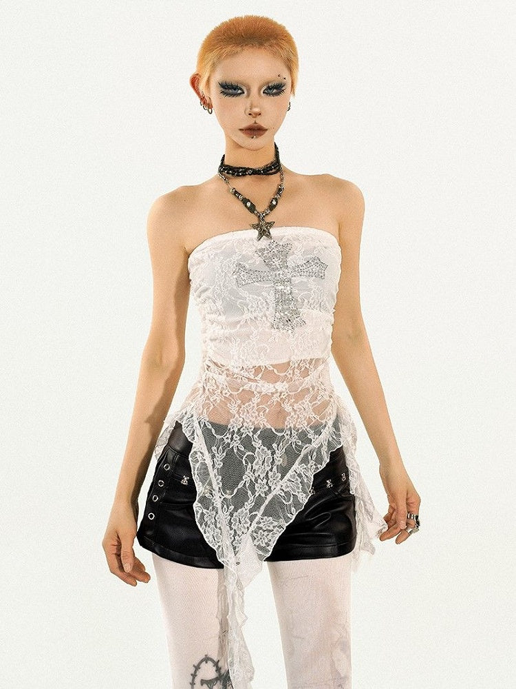 Sheer Tube White Lace Punk Y2K Top with Rhinestone Cross