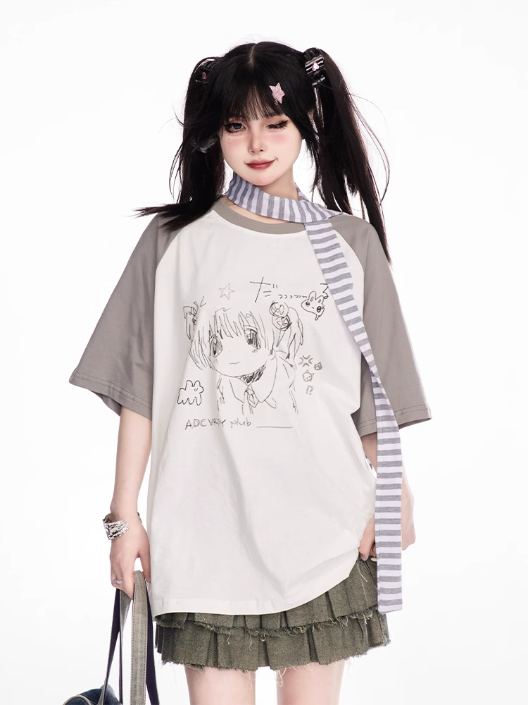 Anime Girl Graffiti T-Shirt Scarf with Striped Grey Colorblock Design