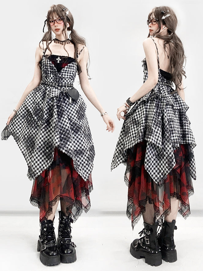 Glamorous Tiered Cross Top Plaid Details Bittersweet + Red Skirt Dye Black Tie Set- Dress Cami