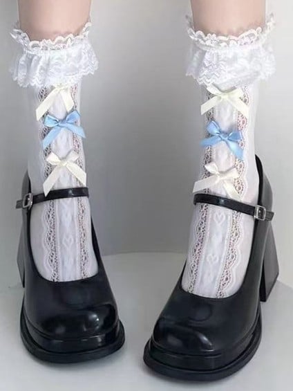 Blue Cuff Cream Ruffled Socks And Yellow Lace Bowknots