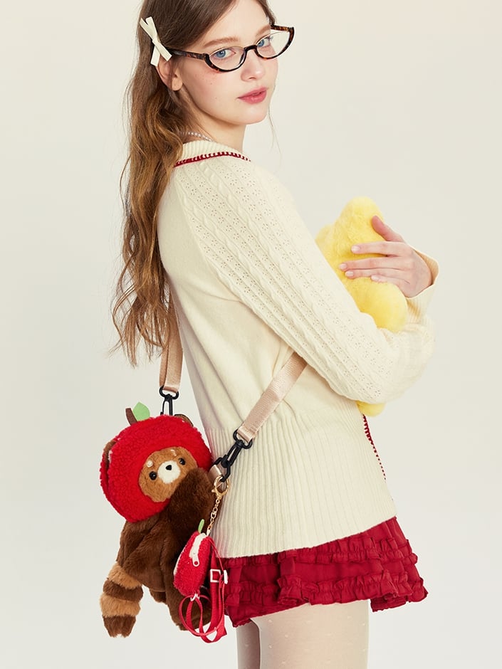 + Apple Red Backpack/Crossbody Brown 28/40 cm Panda/Apple Bag Cute Keychain Plush Hat Panda