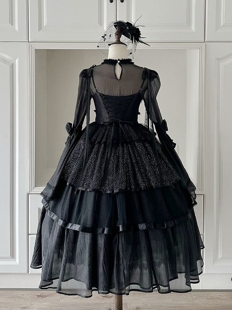 Spaghetti Elegant JSK Dress Lolita Black Straps Full Layered Kuro Set Shimmering