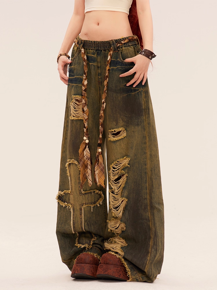 Blue Wasteland Punk Cross Applique Distressed Holes Low Rise Vintage Wide-leg Jeans