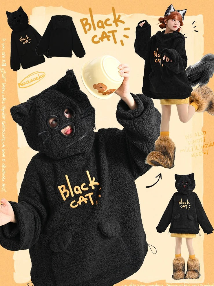 Schwarzer Fleece-Kapuzenpullover mit Katzenkopf