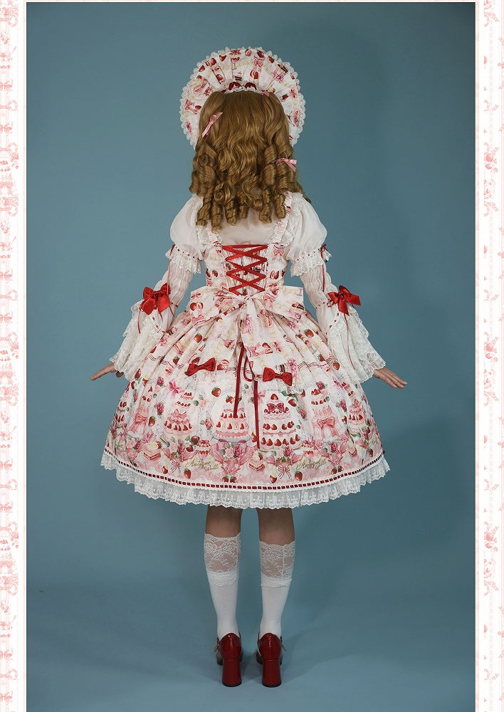 Sweet Bow JSK Full Lolita Accents Print / White Desserts and Set Strawberry