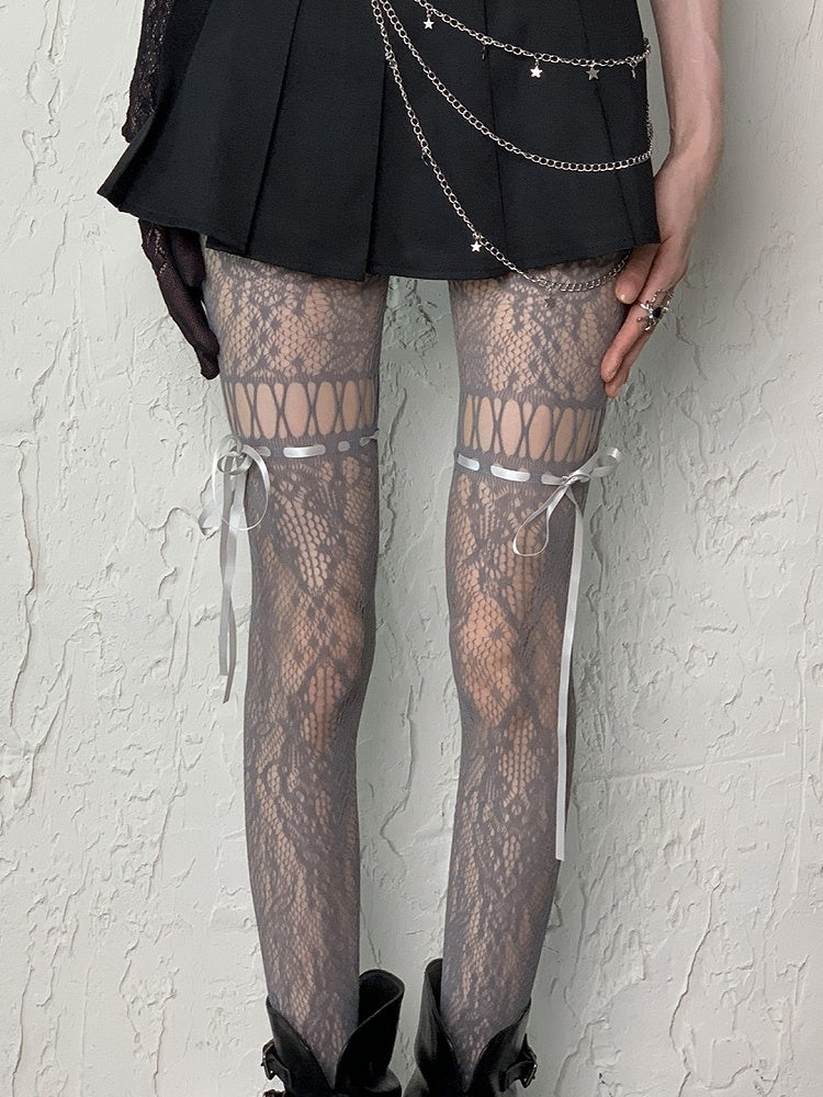 Cut-out Self-tie Coffee/Gray/Black/White/Purple/Blue Y2K Floral Pattern Design Tights Straps