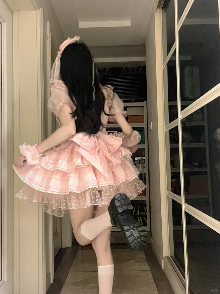 Pink Pattern Polka-dot Heart Sweet Ruffled Heart Front Lolita Dress