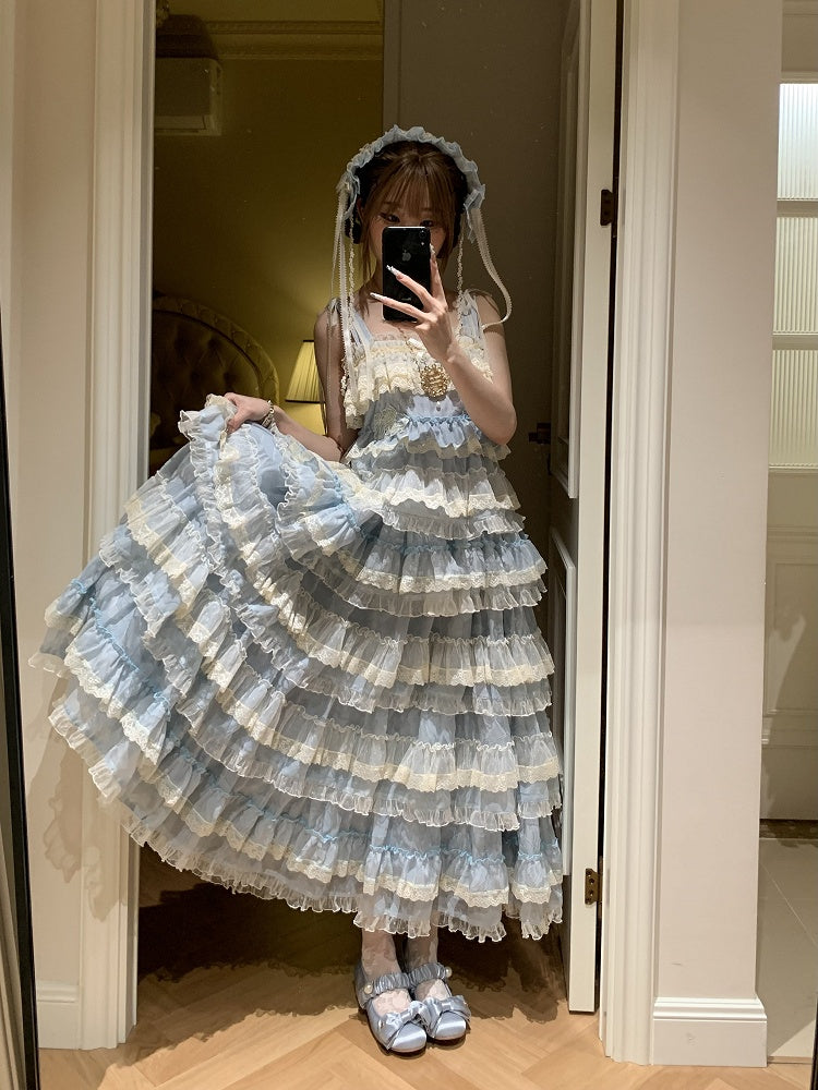 Goldfish Blue Adjustable Ruffle Sweet Embroidery Dress Lolita Straps and with Multi-Layered