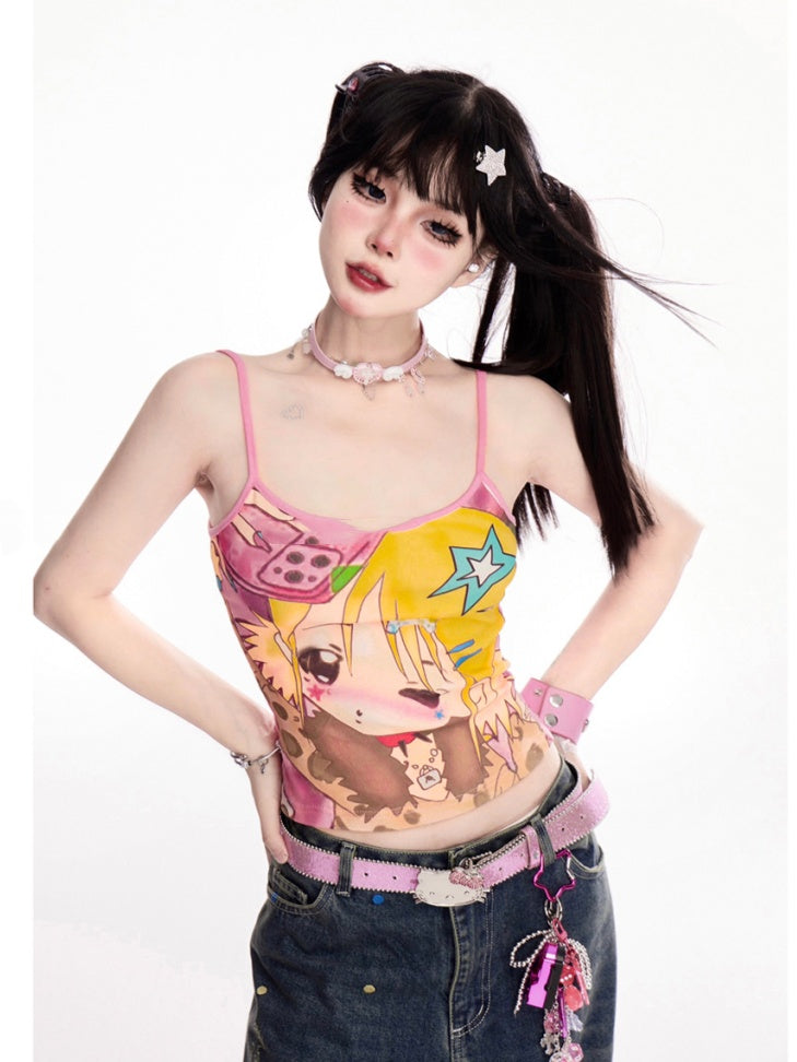 Pink Y2K Cartoon Girl Print T-Shirt/Cami Top