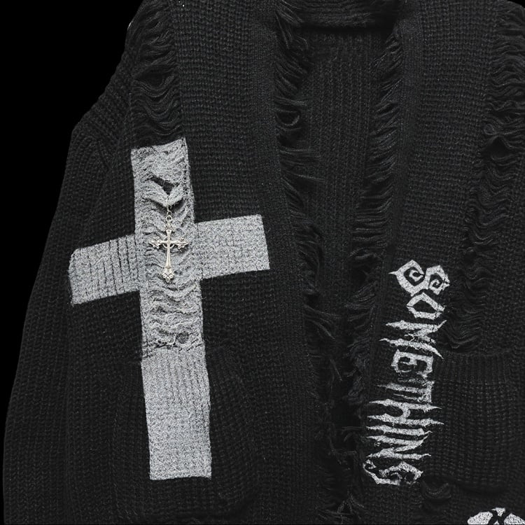 Gothic Punk Black Cross and Skeleton Distress Holes Cardigan Raw Edge
