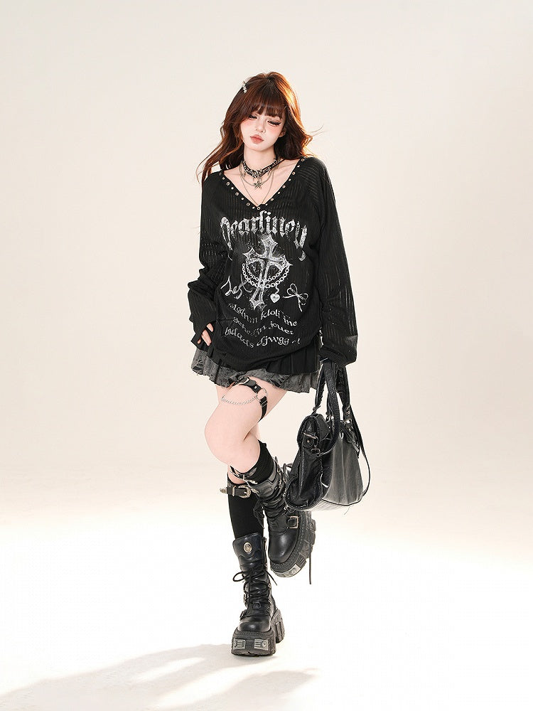 Vネック クロスプリント サンプロテクション カバーアップ ブラック/ホワイト