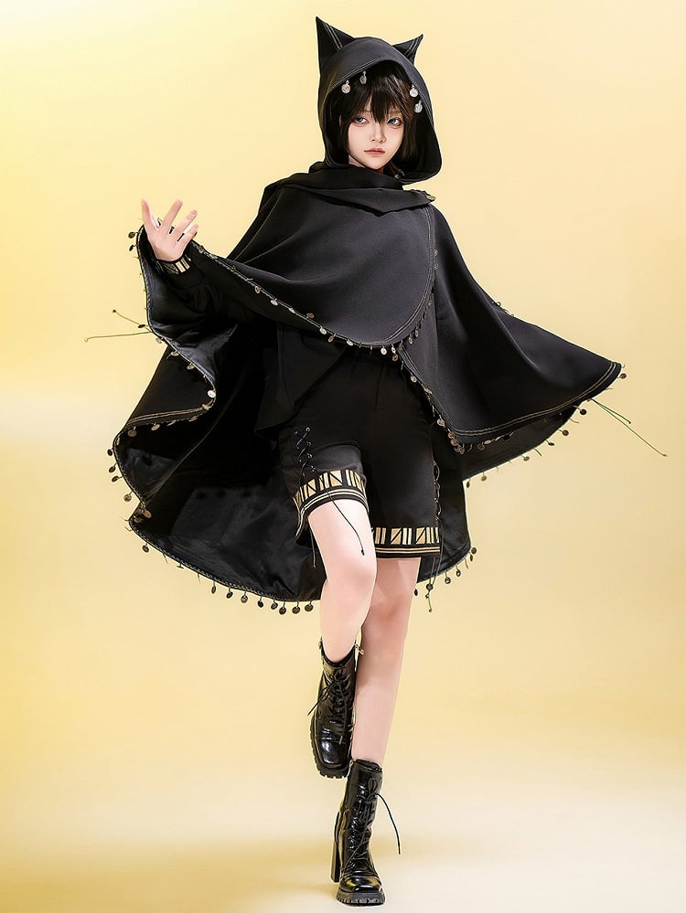 Fashion Cat High-low Ears Hem (Do Machine Black Ouji Not Wash) Cape Hooded