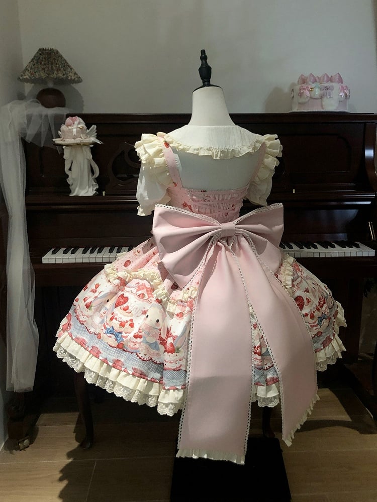 Bunny Dress / Sweet JSK Cute Print Lolita and Cake Strawberry Pink Set Full