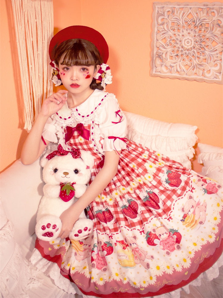 Wine Red Plaid Strawberry and Bear Print Cottagecore Country Sweet Lolita Dress Jumper Skirt