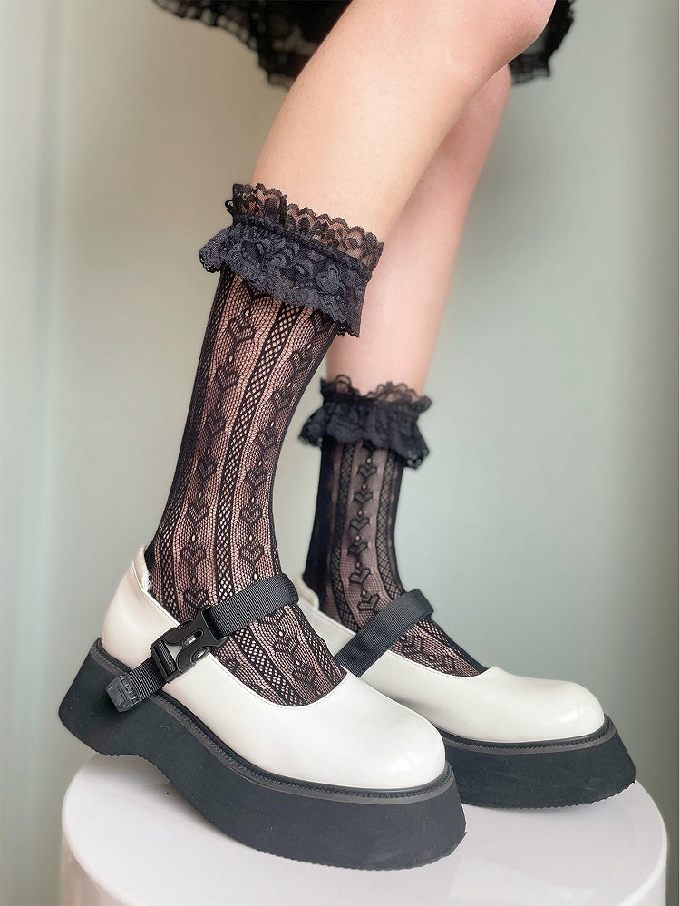 Black Heart Pattern Ruffled Lace Cuff Lolita Calf Socks