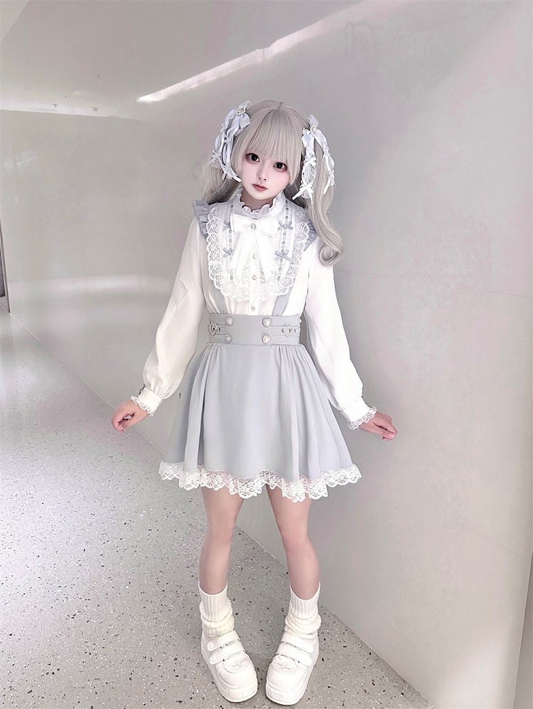 Kei and Decorative Beaded Dress Buckles Jirai Heart Buttons with Dusty Overall Sleeve Flutter Blue