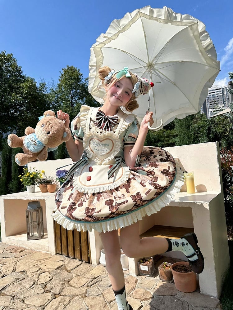 グリーンのスイートプリントのデザートテディミントドレスロリータチョコレートと