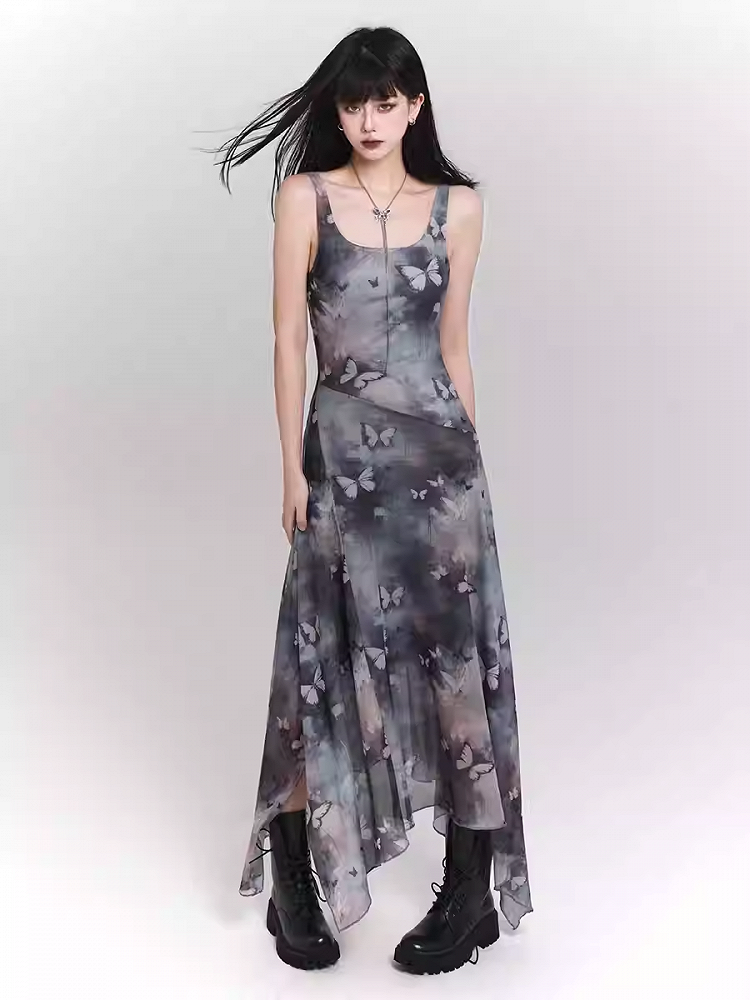 Robe sans manches à ourlet asymétrique et imprimé papillon bleu et violet