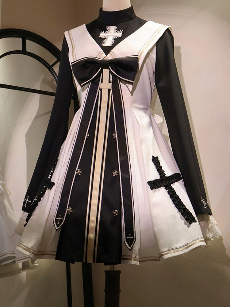 White and Black Nun Lolita Dress Full Set-Bell Sleeves Nun Dress + White Cape + Black Bow Accessory