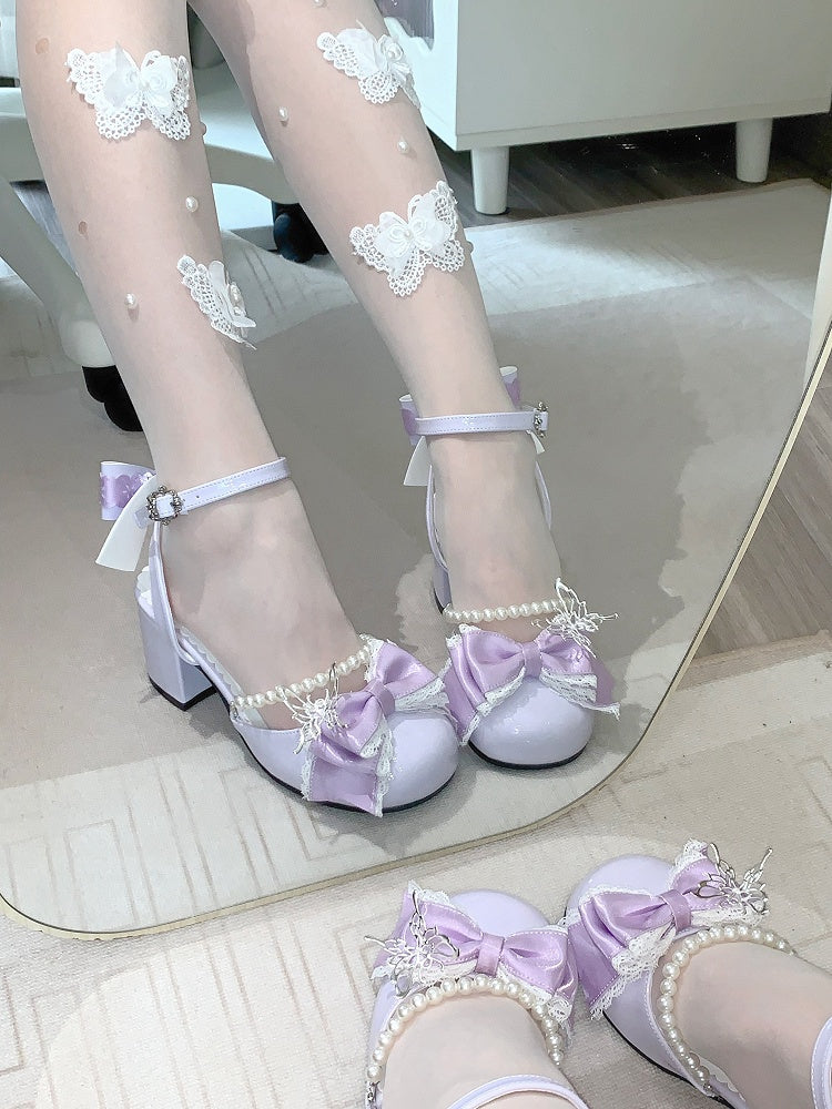 Mary Lolita Heels 6CM Accent Janes und Schleife Kettenblock Lila Perle Süß Abnehmbar