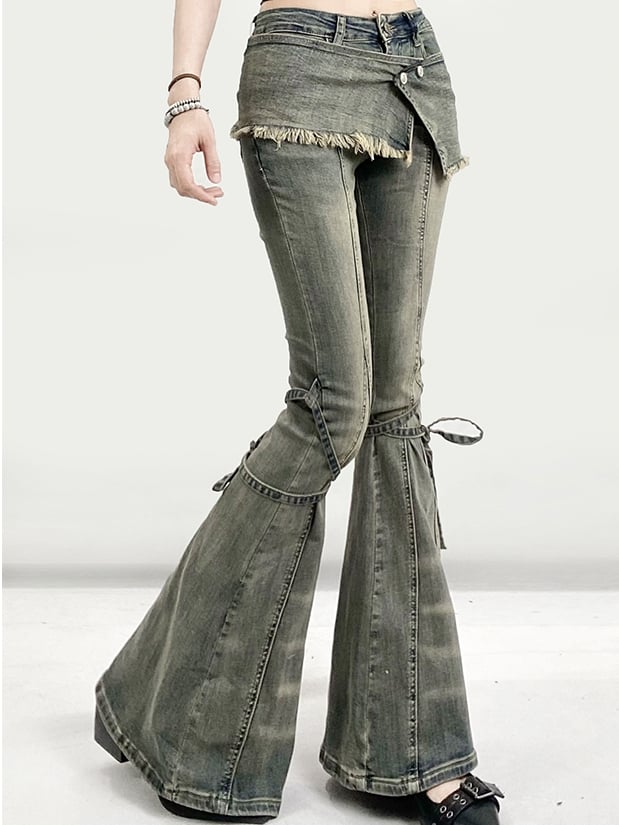 Design Jeans Silhouette Lace-up Faded Glamorous Wash Bittersweet Detail Kawaii Green Flare