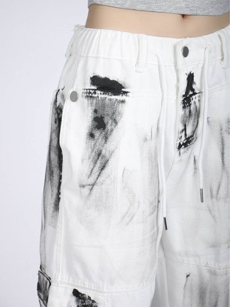 Vintage White Splatter Tie-Dye Loose Fit Cargo Jeans with Drawstring Waist