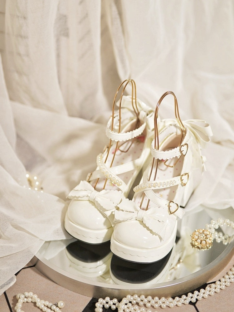 Platform Mary Block with Straps Crisscross - Janes Heel Buckle High Sweet Lolita White Heart Beaded