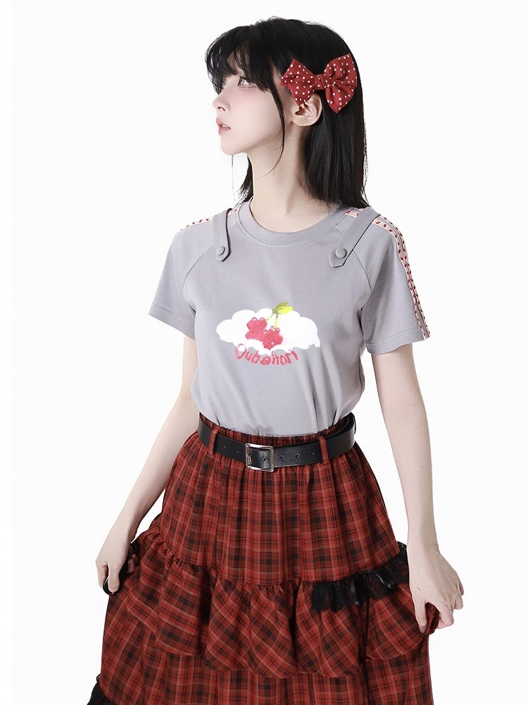 Round Neck Gray Cherry Print T-Shirt