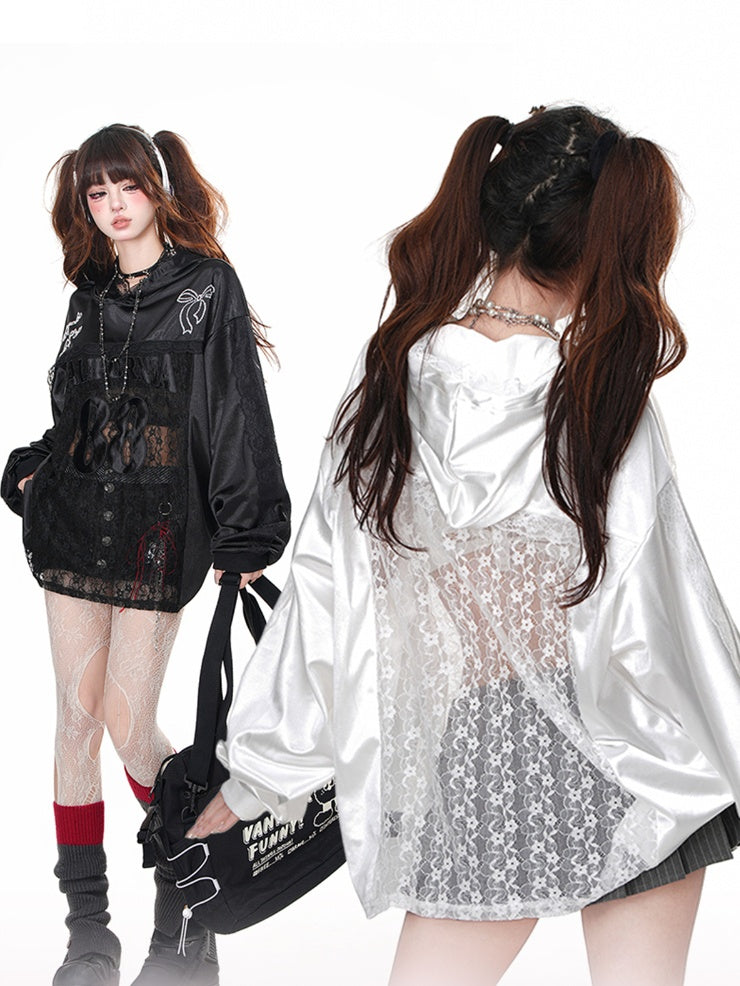 Black/White Bowknot Embroidery Contrast Lace Patches Loose Hoodie