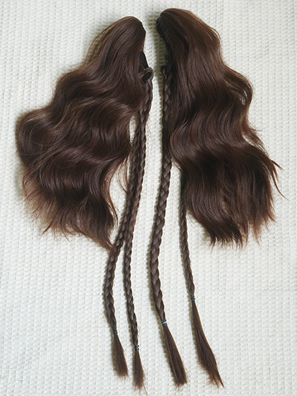 Caramel Bob Cut Short Wig With Bangs+Double Wavy Ponytail Claw Clips