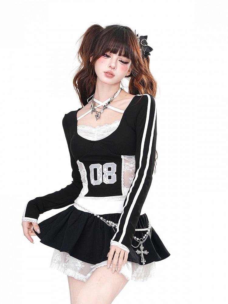 Black Thigh-Length Lace Tiered Puffy Skirt