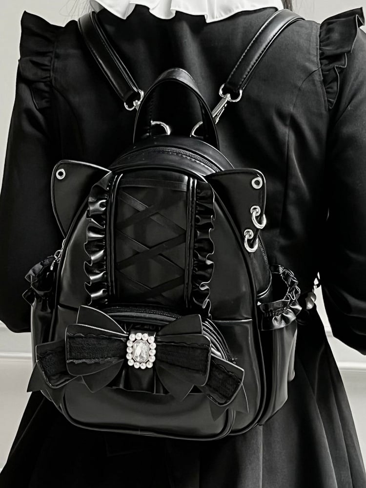 Black Kei Cat Ear Backpack With Beaded and Rhinestone Bow Jirai