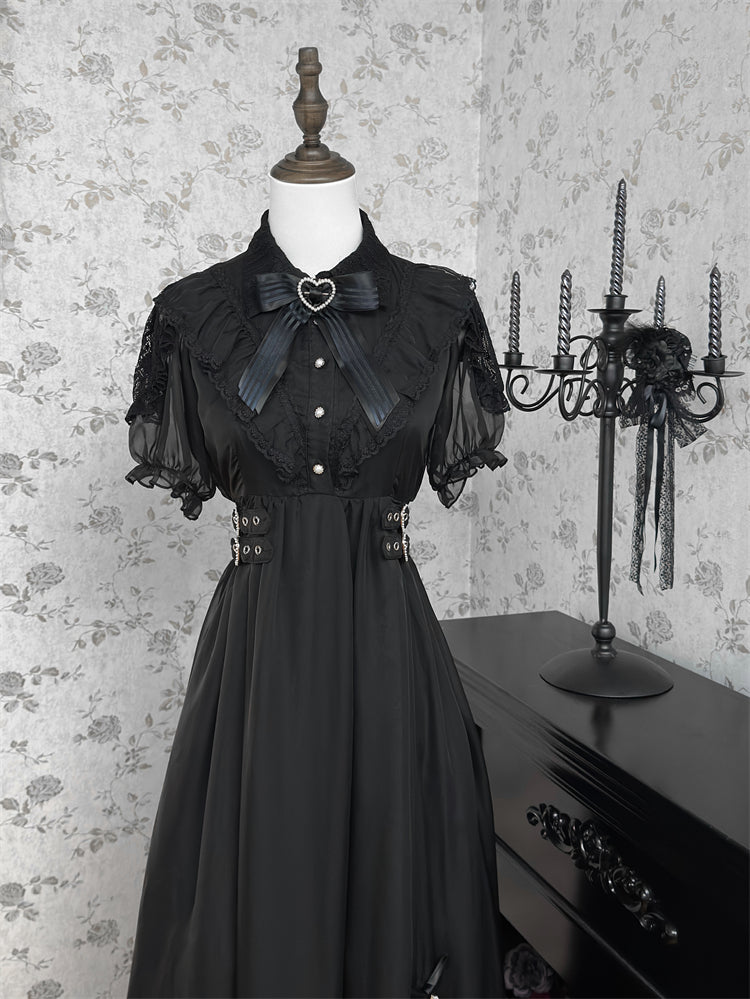 Saum Rüschen Stufenkleid Jirai Kei Schwarz Chiffon Herz Schnallen Taille