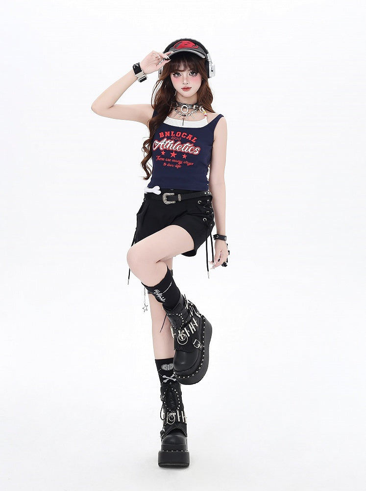 Faux Red Navy Blue/White Two-pieces Tank Top Letter Print Vintage Glamorous