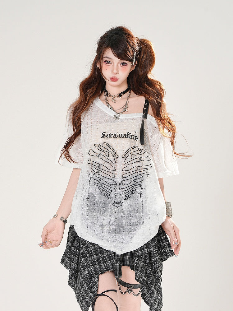 Herz Druck Löcher Asymmetrischer Ausschnitt Distressed