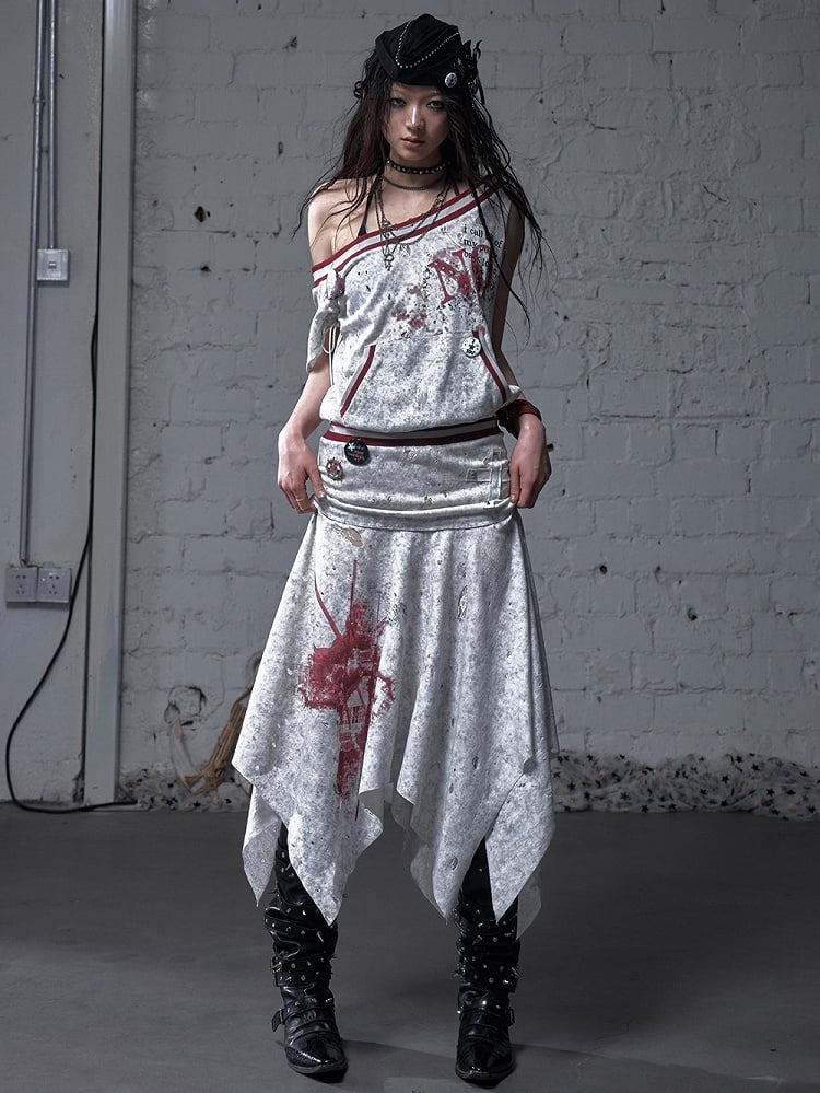 Asymmetrical Neckline Gray/White Wasteland Punk Distressed Dress