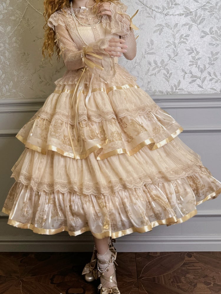 Skirt Bunny Champagne Lolita Kitty Print Ruffle and Tiered